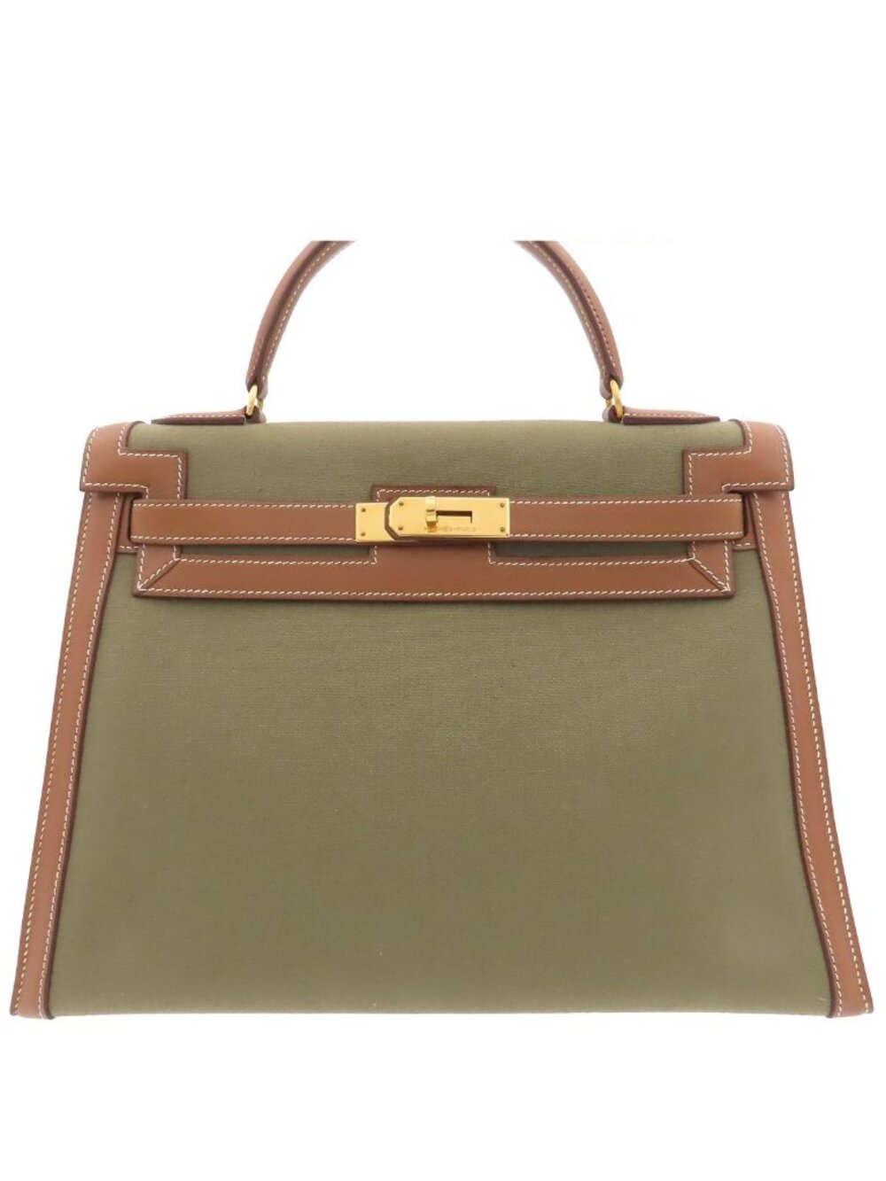 Hermes Kelly 32 Khaki Brown Gold Toile Officier Leather Sellier Vintage Handbag